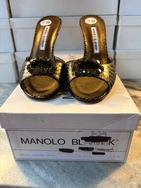 Manolo Blahnik olive metallic jeweled sandals